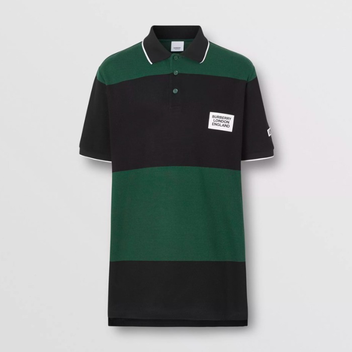 유럽직배송 버버리 남성 로고 아플리케 스트라이프 코튼 폴로셔츠 다크 파인 그린 BURBERRY Man Logo Appliqué Striped Cotton Polo Shirt 80239751