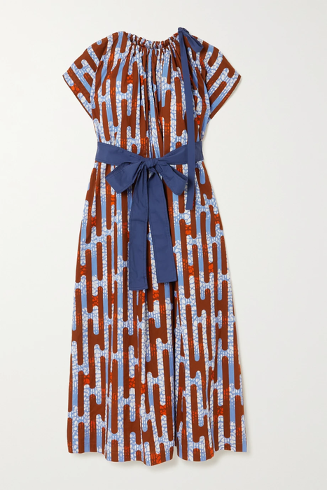 유럽직배송 ODILE JACOBS Tie-detailed belted printed waxed-cotton midi dress 3589493616333824