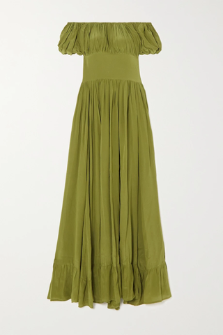유럽직배송 EVARAE Hestia ruched ruffled shirred organic silk-satin maxi dress 38063312420593904